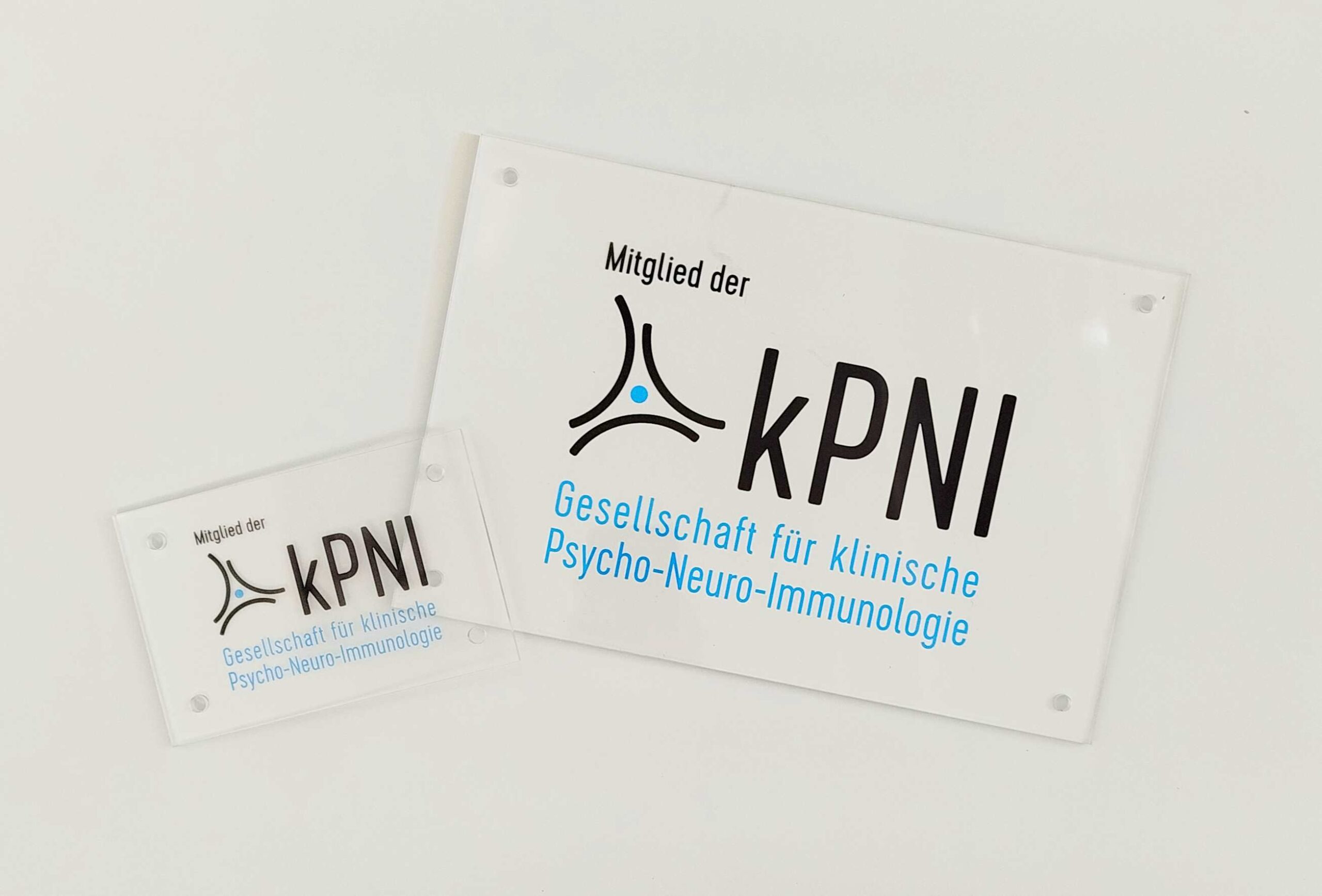 Schilder 2025_3 Zwei Praxisschilder aus Acrylglas mit der Aufschrift „Mitglied der kPNI – Gesellschaft für klinische Psycho-Neuro-Immunologie“, in zwei Größen
